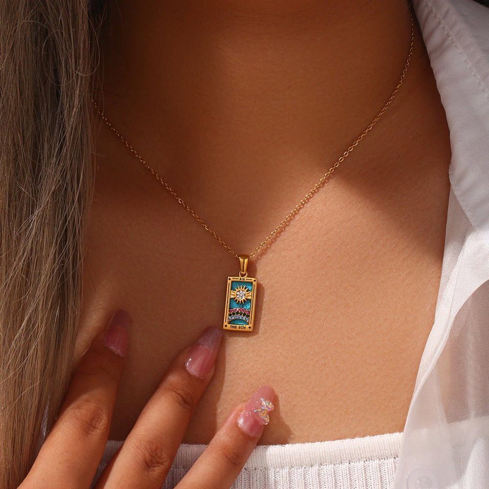 Sun Tarot Card Pendant Necklace 18K Gold Enamel Rectangle Stainless Steel - Picture 3 of 9
